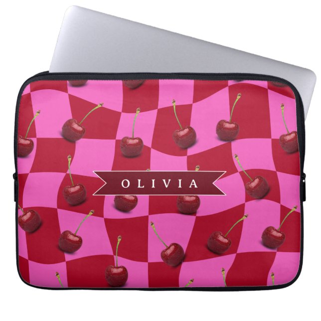 Personalized Cherry Gingham Retro Custom Name Laptop Sleeve (Front)