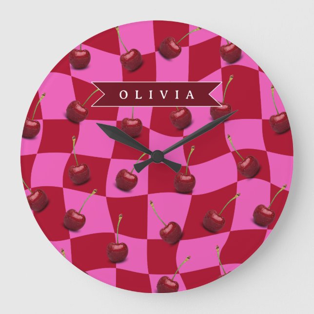 Personalized Cherry Gingham Retro Custom Name Large Clock (Front)