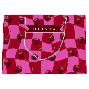 Personalized Cherry Gingham Retro Custom Name Large Gift Bag