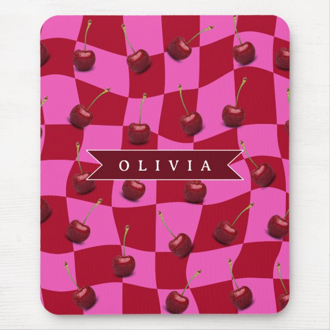Personalized Cherry Gingham Retro Custom Name Mouse Pad (Front)
