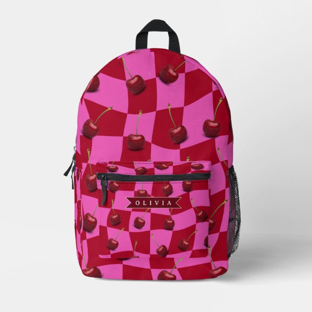Personalized Cherry Gingham Retro Custom Name Printed Backpack (Front)