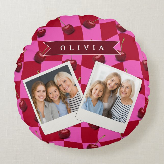 Personalized Cherry Gingham Retro Custom Name Round Cushion (Front)