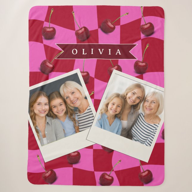 Personalized Cherry Gingham Retro Custom Name Sherpa Blanket (Front)