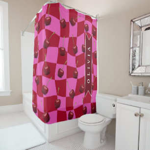 Personalized Cherry Gingham Retro Custom Name Shower Curtain