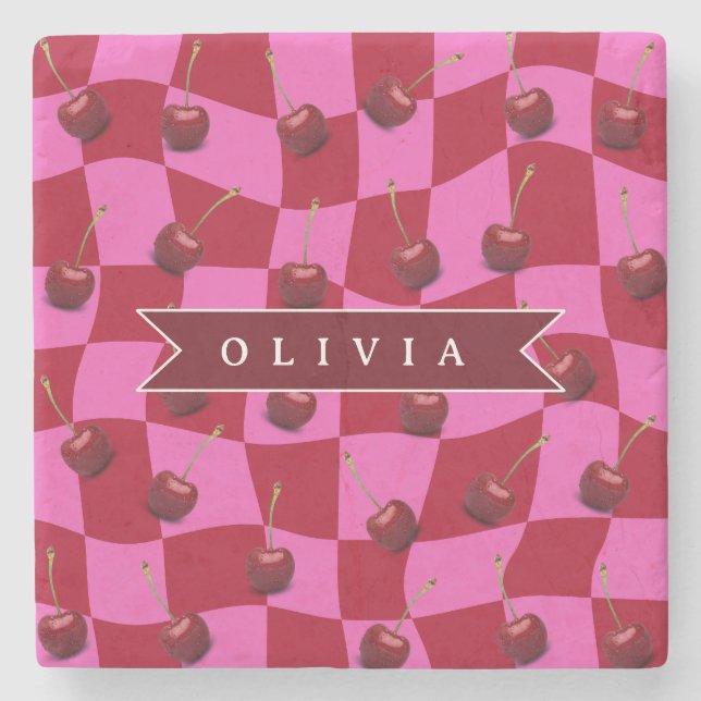 Personalized Cherry Gingham Retro Custom Name Stone Coaster (Front)