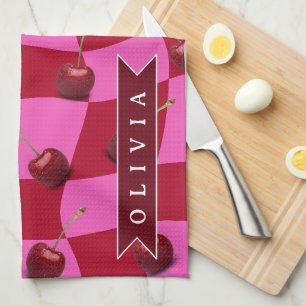 Personalized Cherry Gingham Retro Custom Name Tea Towel