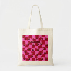 Personalized Cherry Gingham Retro Custom Name Tote Bag