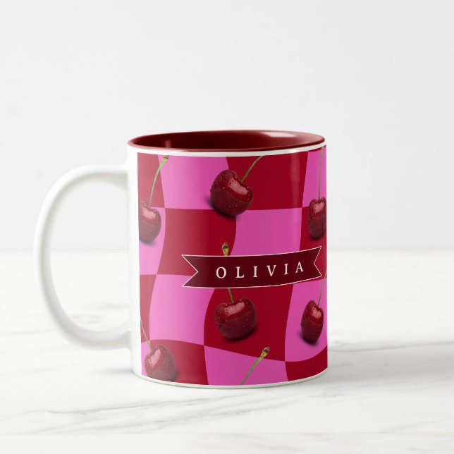 Personalized Cherry Gingham Retro Custom Name Two-Tone Coffee Mug (Left)