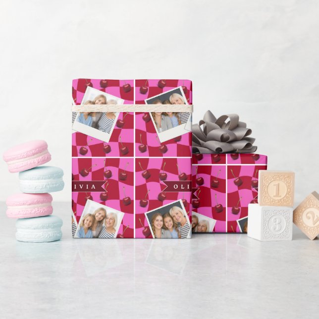 Personalized Cherry Gingham Retro Custom Name Wrapping Paper (Baby Shower)