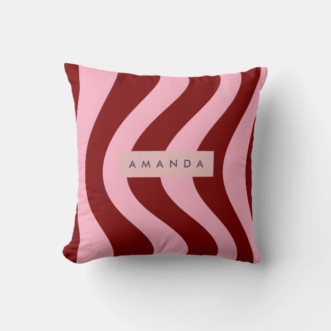 Personalized Cherry Red and Pink Wavy Stripe Cushion (Front)