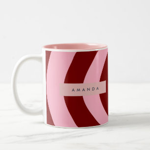 Personalized Cherry Red and Pink Wavy Stripe Two-Tone Coffee Mug