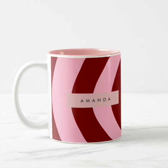 Personalized Cherry Red and Pink Wavy Stripe Two-Tone Coffee Mug (Left)
