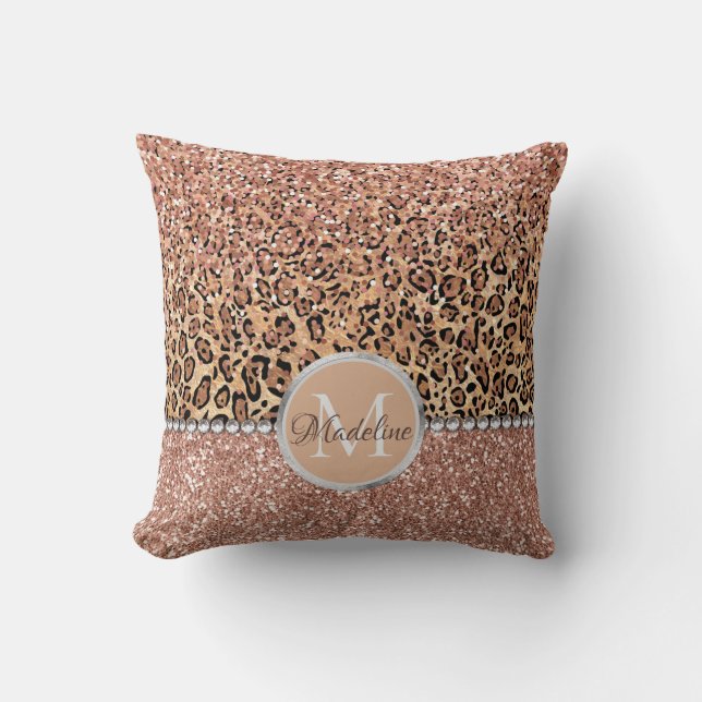 Personalized Chic Girly Rose Gold Glitter Leopard Cushion (Front)