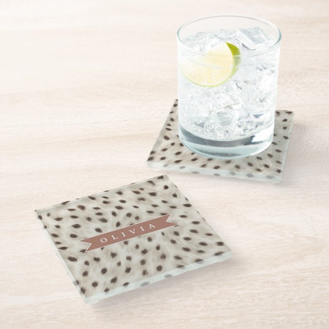 Personalized Chic Neutral Leopard Animal Print Glass Coaster (Angled)