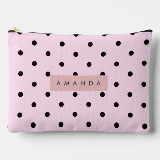 Personalized Chic Pink and Black Polka Dot Accessory Pouch (Front)