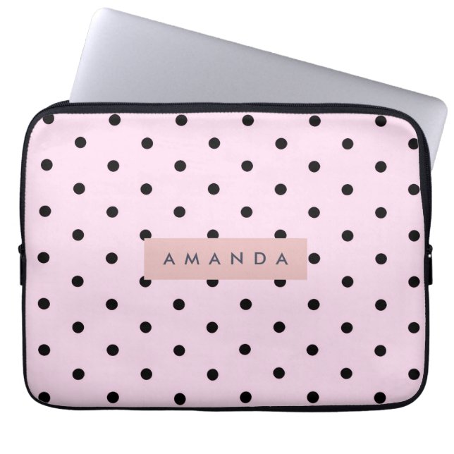 Personalized Chic Pink and Black Polka Dot Laptop Sleeve (Front)