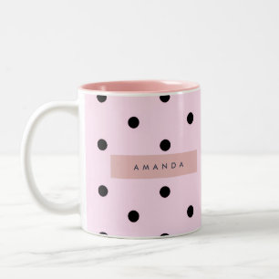 Personalized Chic Pink and Black Polka Dot Two-Tone Coffee Mug