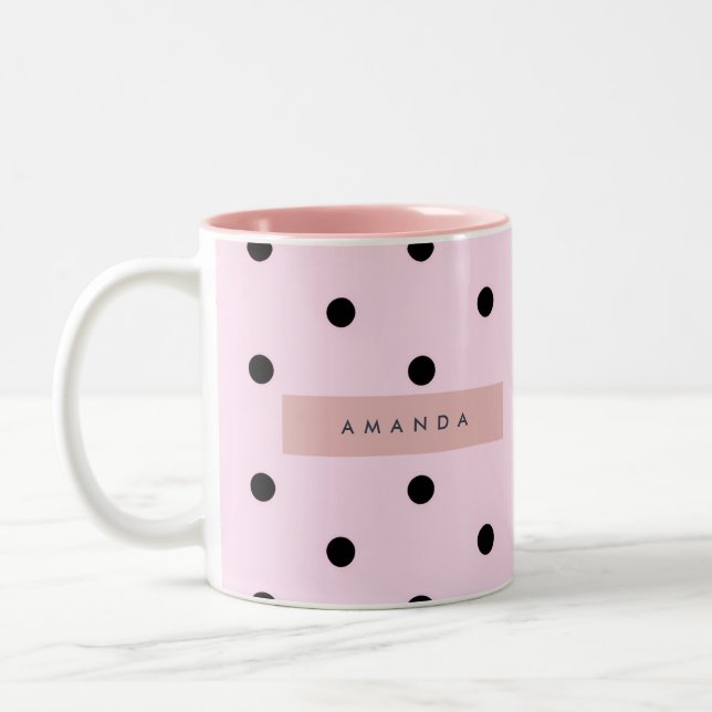 Personalized Chic Pink and Black Polka Dot Two-Tone Coffee Mug (Left)