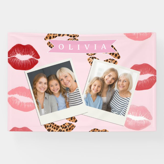 Personalized Chic Pink Leopart Print Lip Pattern Banner (Horizontal)