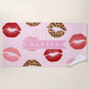 Personalized Chic Pink Leopart Print Lip Pattern Beach Towel