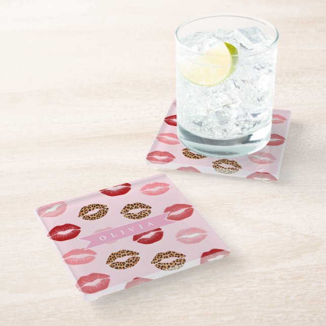 Personalized Chic Pink Leopart Print Lip Pattern Glass Coaster (Angled)