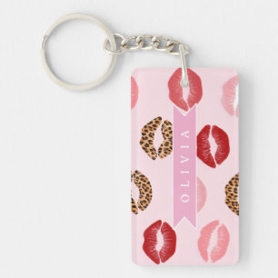 Personalized Chic Pink Leopart Print Lip Pattern Key Ring