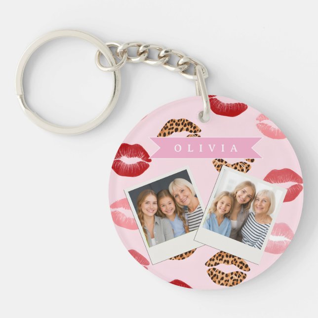 Personalized Chic Pink Leopart Print Lip Pattern Key Ring (Front)