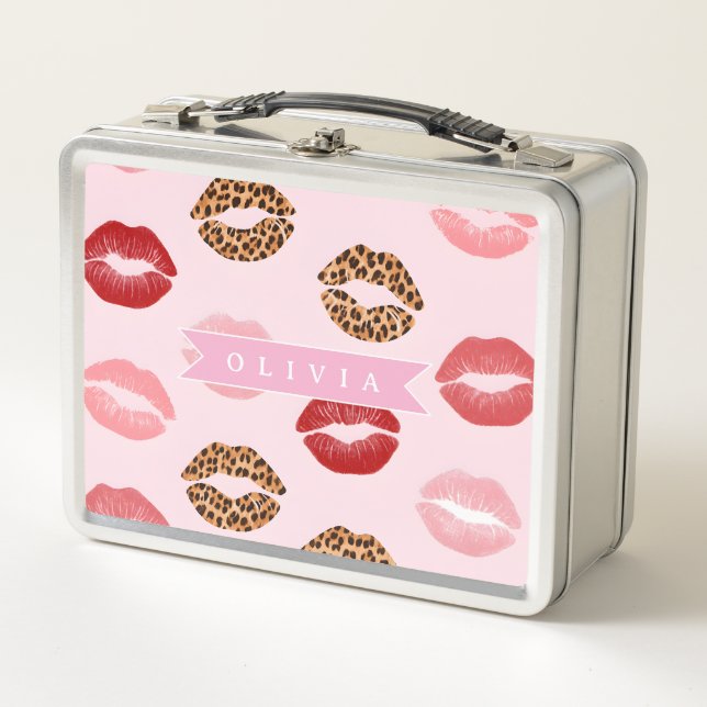 Personalized Chic Pink Leopart Print Lip Pattern Metal Lunch Box (Front)