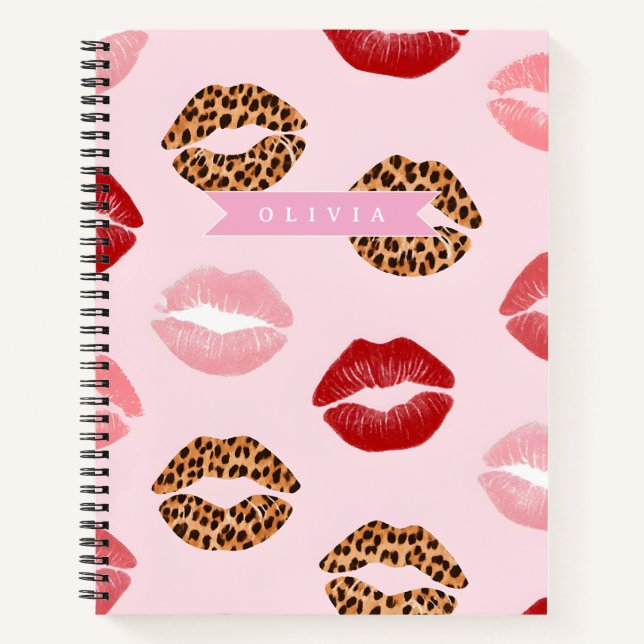 Personalized Chic Pink Leopart Print Lip Pattern Notebook (Front)