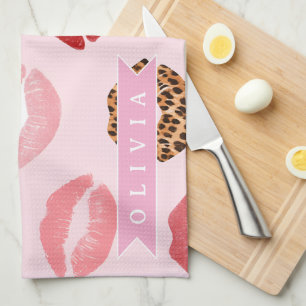 Personalized Chic Pink Leopart Print Lip Pattern Tea Towel