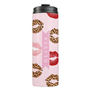 Personalized Chic Pink Leopart Print Lip Pattern Thermal Tumbler