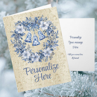 Personalized Chinoiserie Blue White Wreath Card