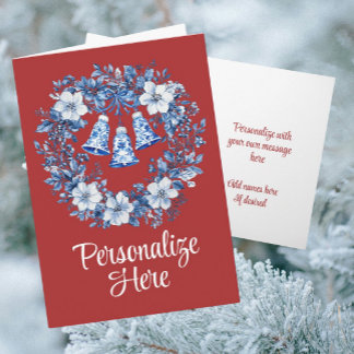Personalized Chinoiserie Wreath Bells Holiday Card