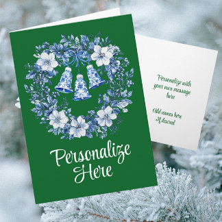Personalized Chinoiserie Wreath Bells Holiday Card