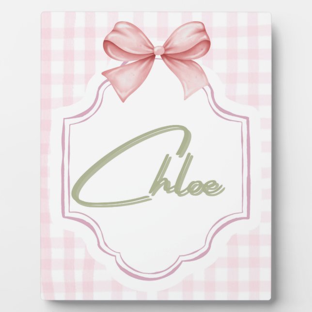 Personalized Chloe Baby Girl Nursery Bow&Gingham  Plaque (Front)