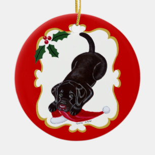 Personalized Chocolate Lab Puppy with Santa Hat Ceramic Tree Decoration