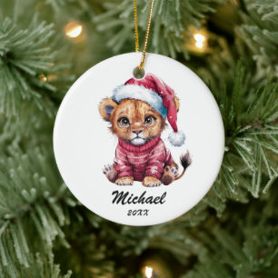 Personalized Christmas Baby lion with Santa Hat  Ceramic Tree Decoration