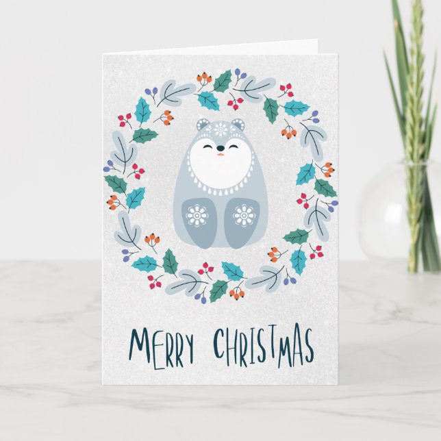 Personalized Christmas Bear Wreath Card (Front)