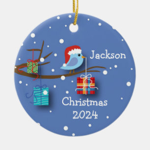 Personalized Christmas Bluebird with Gifts Ceramic Tree Decoration