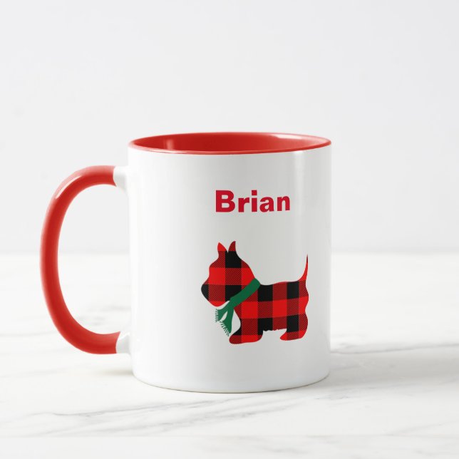 Personalized Christmas Buffalo Plaid Scottie Mug (Left)