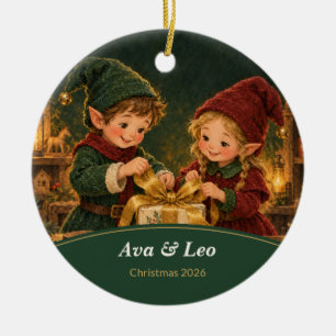 Personalized Christmas Elves Sibling Ceramic Tree Decoration
