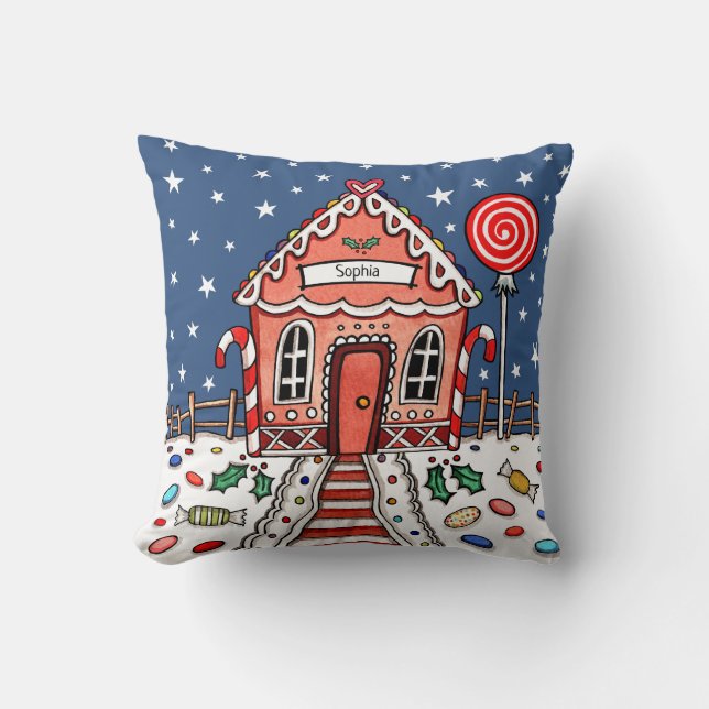 Personalized Christmas Gingerbread House Throw Cushion (Front)