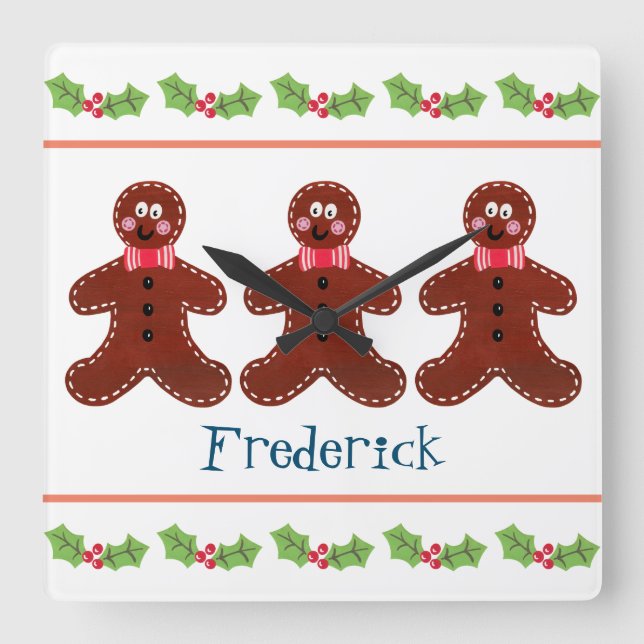 Personalized Christmas Gingerbread Man Square Wall Clock (Front)