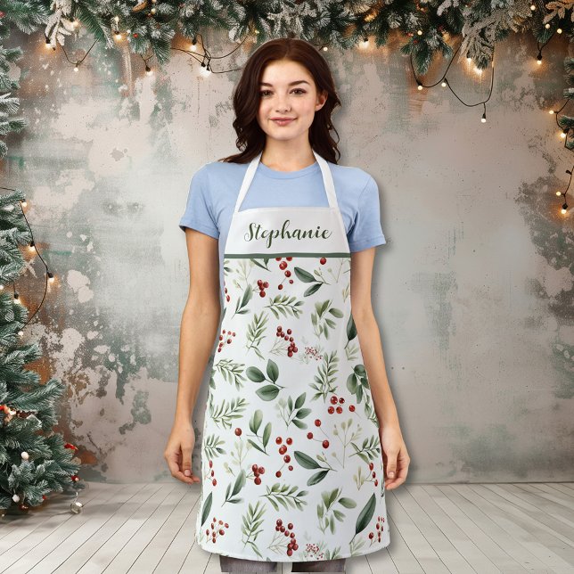 Personalized Christmas Greenery & Red Berries Apron (Personalized Christmas Greenery & Red Berries Apron)