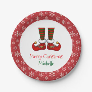 Personalized Christmas Holiday Elf Feet Snowflakes Paper Plate