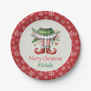 Personalized Christmas Holiday Elf Feet Snowflakes Paper Plate