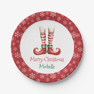 Personalized Christmas Holiday Elf Feet Snowflakes Paper Plate