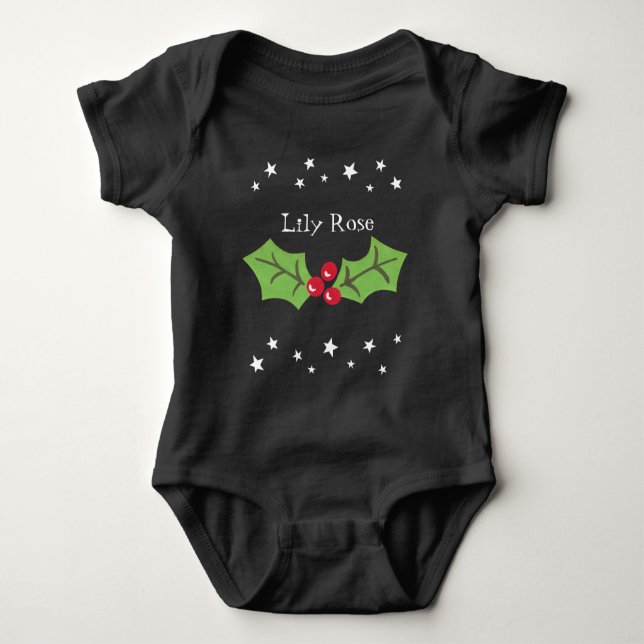 Personalized Christmas Holly & Berries Baby Bodysuit (Front)
