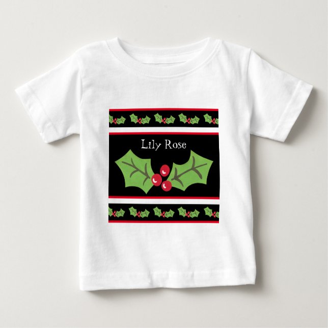 Personalized Christmas Holly & Berries Baby T-Shirt (Front)