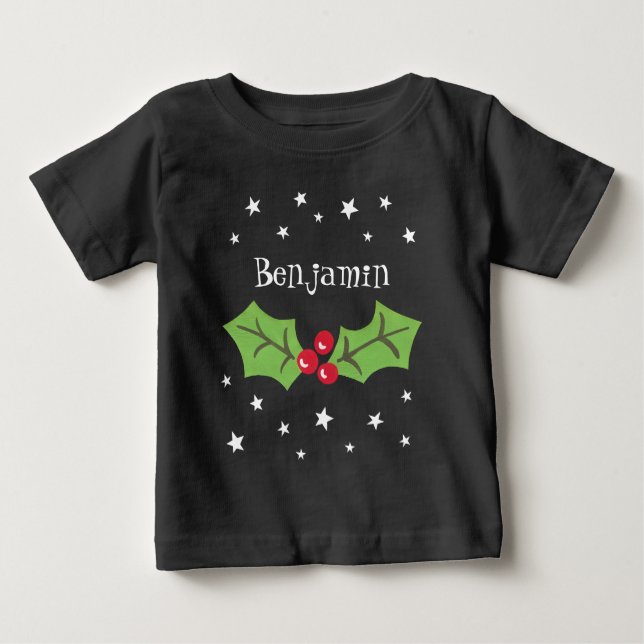 Personalized Christmas Holly & Berries Baby T-Shirt (Front)